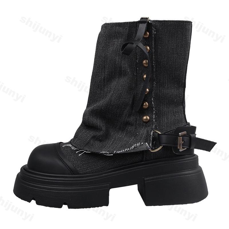 Fashion Women's Cowboy Boots Autumn Ankle Boots Rivet Decoration Block Heels Denim Boots Round Toe Comfortable Western Botines Mujer
