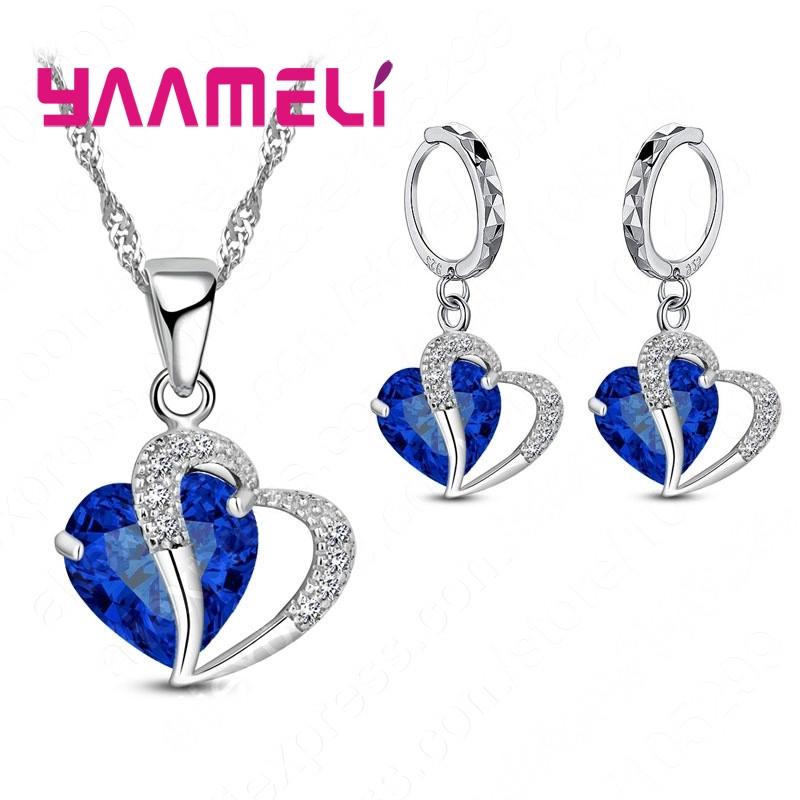 Bridal Jewelry Set Heart CZ Crystal 925 Silver Color Pendant Necklace Earrings for Women Wedding Anniversary Gifts