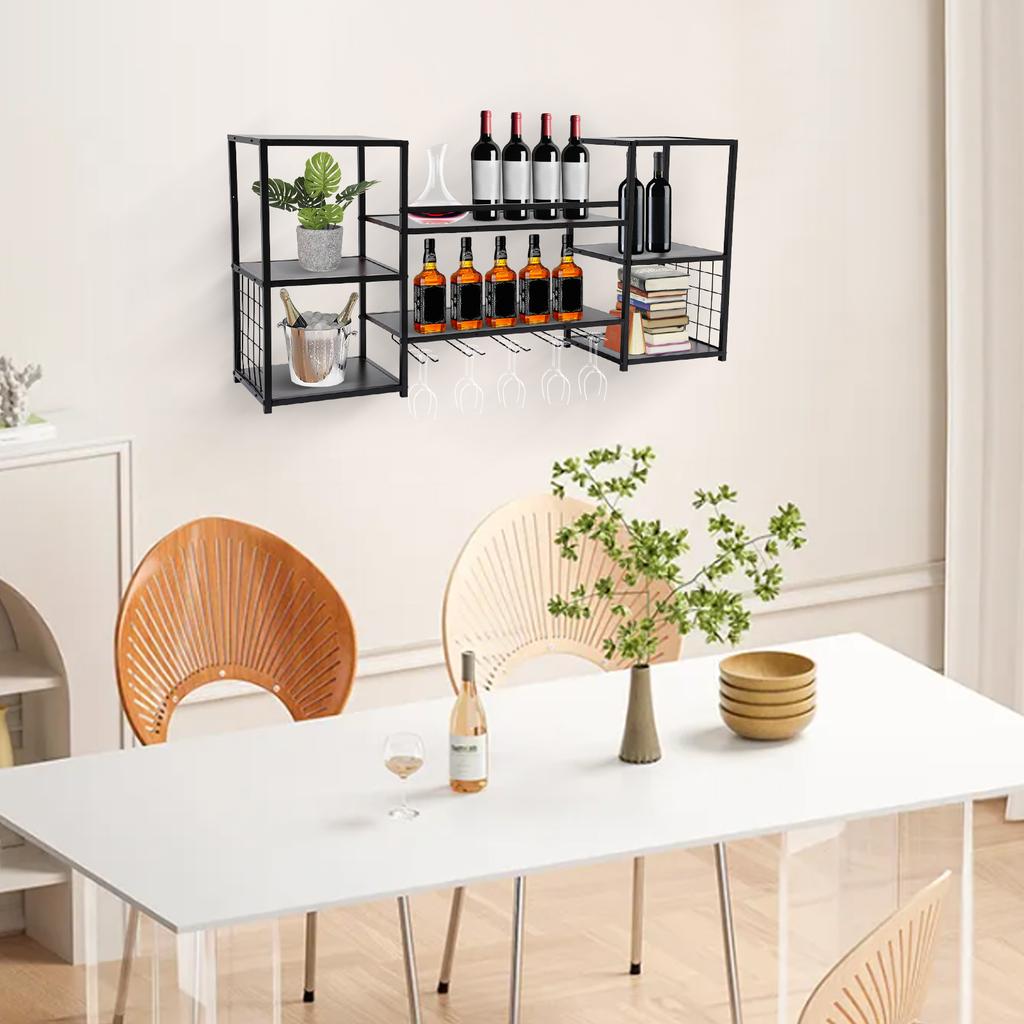 Wall Mounted Wine Rack with 5 Tier Open Shelves, Floating Wine Storage Shelf for Home Kitchen, Wine Bottle Display Organizer