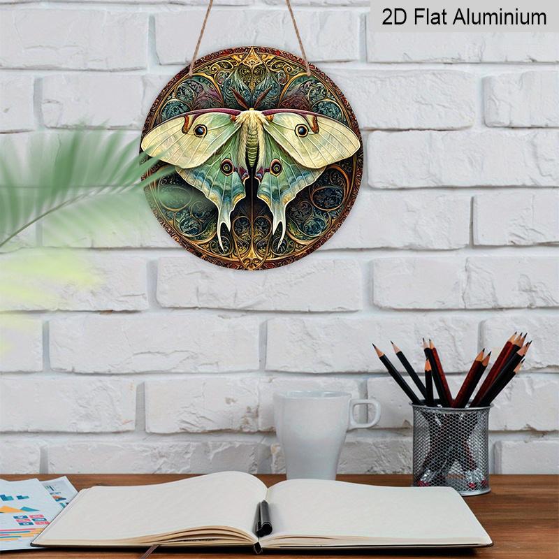 2D Flat, 1pc Round Aluminum Vintage Luna Moth Metal Sign with Intricate Wing Design, Ornate Art Nouveau Wall Plaque, Waterproof Rustproof Decor