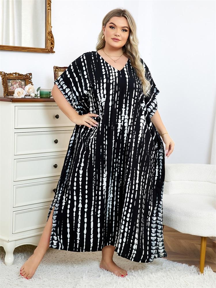 EDOLYNSA 2024 Casual V Neck Stripe Tie-Dye Loose Kaftan Women Summer Boho Printed Plus Size Beach Dress Vacation Swimsuit Cover Up Q1218