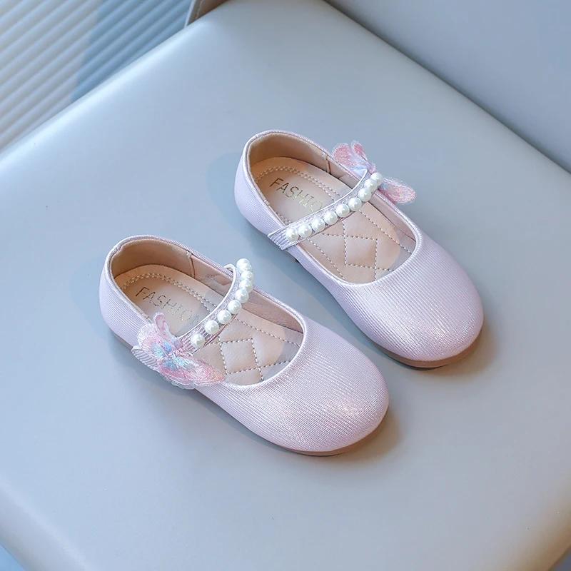 

Туфли из кожи для девочек на свадьбу с жемчужной вышивкой, украшением в виде бабочки, модные классические детские туфли принцессы для вечеринки 21-30 Сладкие 21 розовый