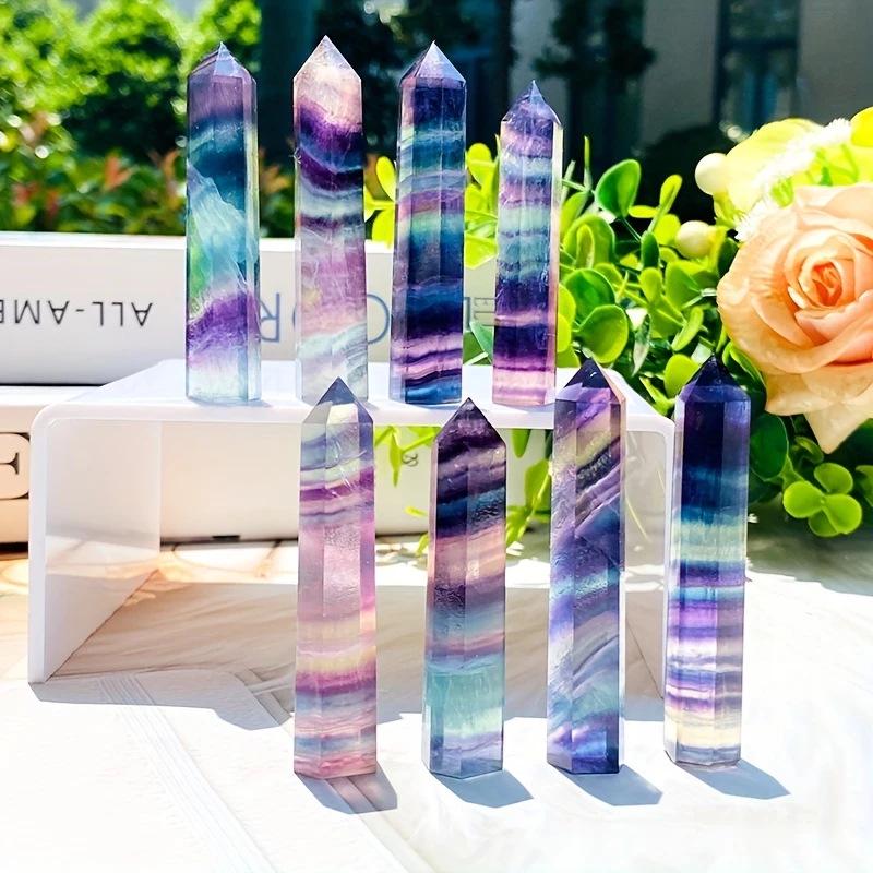 Natural Seven-Color Fluorite Hexagonal Crystal Pillars - Polished Raw Stone Handicrafts