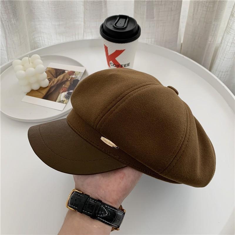 Spring and Autumn Hat Women's Autumn and Winter Versatile Temperament Leather Along Wool Octagonal Hat Quality Retro Newsboy Hat
