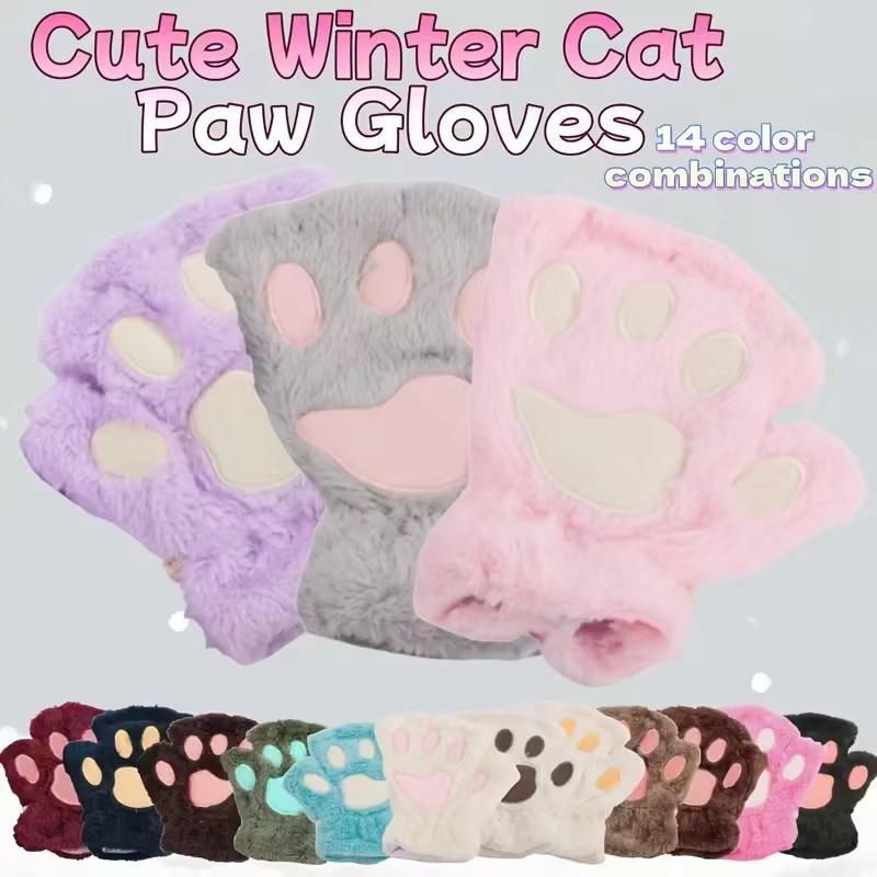 Mănuși cu gheare de pisică cu labe de desene animate pentru femei, mănuși de pluș, calde, moale, de pluș, scurte, fără degete, pufos, urs, pisici, costum, jumătate de deget