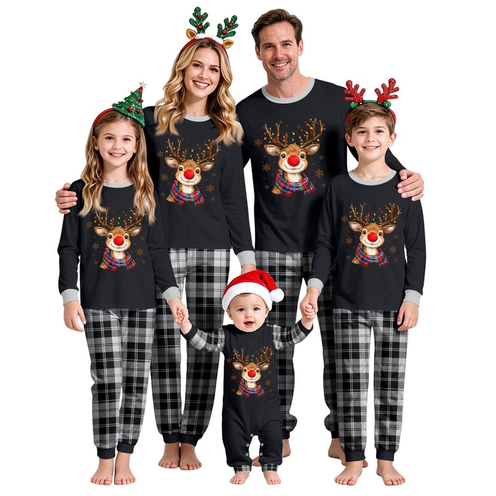 Christmas Family Matching Outfit Set with Neck Printed Top and Pants for Holiday Photos