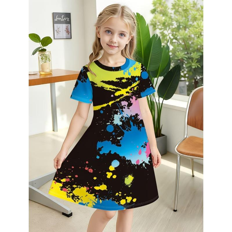 Dress for Girls Tie-Dye Multicolor Graffiti 3D Print Round Neck Colorful Dress Casual Summer Short Sleeve