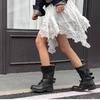 Genuine leather Lace-up Mid-calf Boots Women Cross-belt Buckle Decoration Motorcycle Boots Chunky Heels Retro Ankle Boots