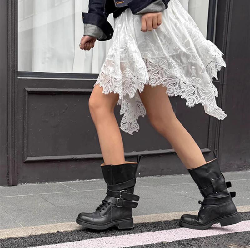 

Genuine leather Lace-up Mid-calf Boots Women Cross-belt Buckle Decoration Motorcycle Boots Chunky Heels Retro Ankle Boots 35 чорний