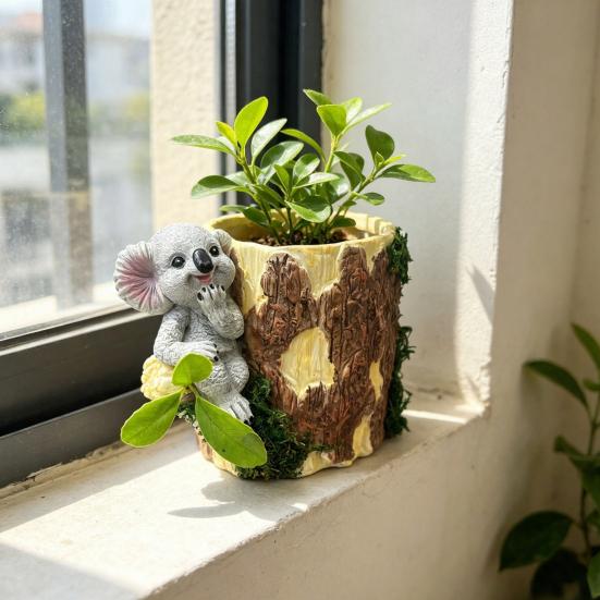 Artificial Stump Planter Resin Tree Bark Shape Flower Pot with Koala/Frog/Sloth Rustic Small Barrel