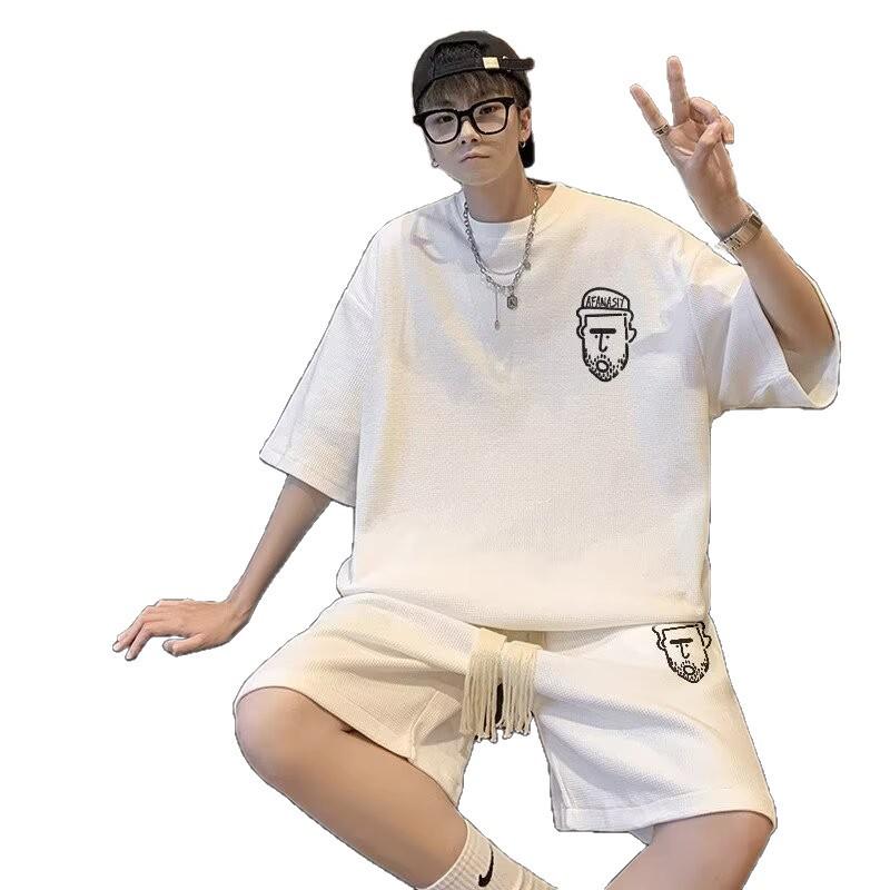 Summer 2024 Men's Hong Kong Style Waffle Sportswear: Trendy Short Sleeve T-Shirt & Shorts Set for Teens