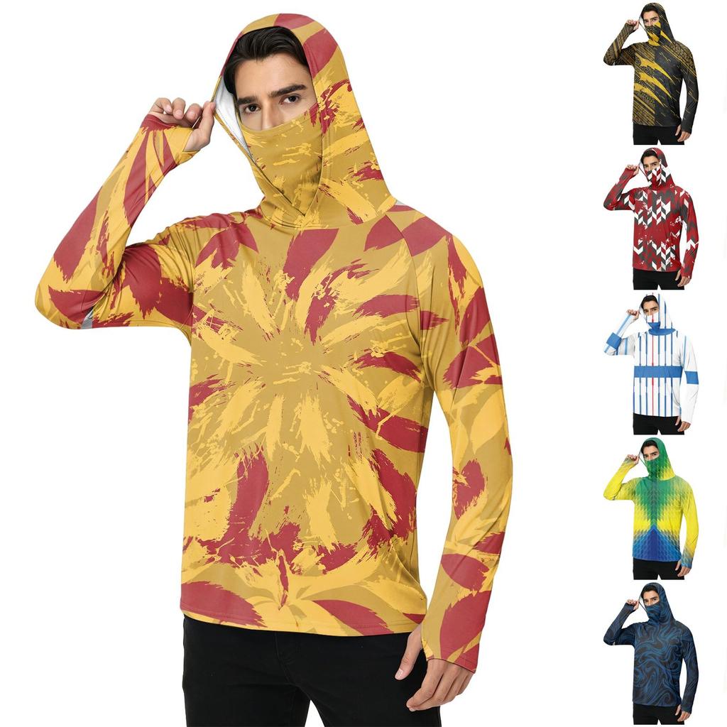 Men's Casual Outdoor Hooded Long Sleeve Sun Protection Shirt Lightweight Breathable Striped Printed Pullover Top for Sports Hiking Fishing