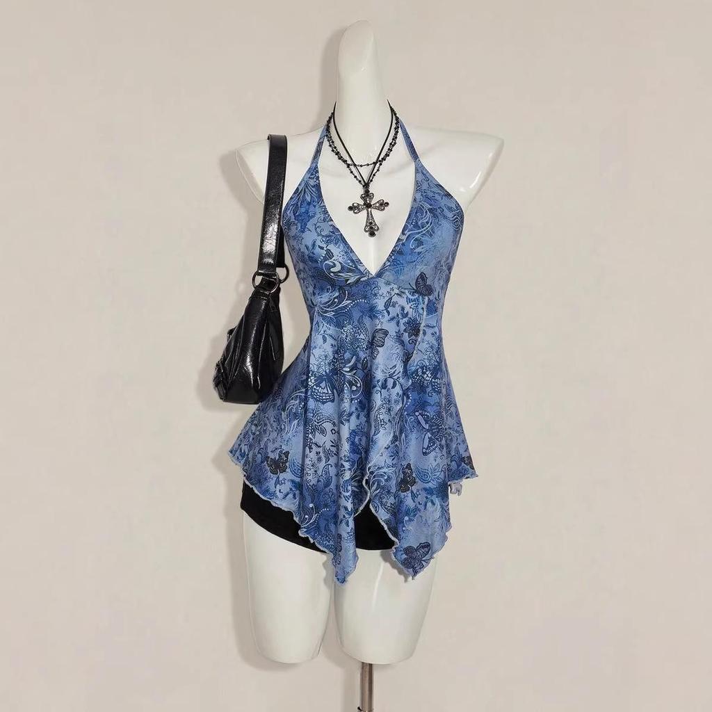 Top Halter Mariposa Azul Retro Americano - Dobladillo Irregular Estilo Fresco Camisola