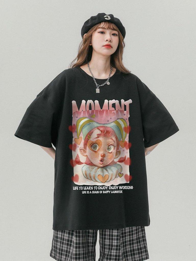 T-shirt Casual Unisex in Cotone Stile Giapponese Retrò, Vestibilità Larga, per Coppie Taglie Forti