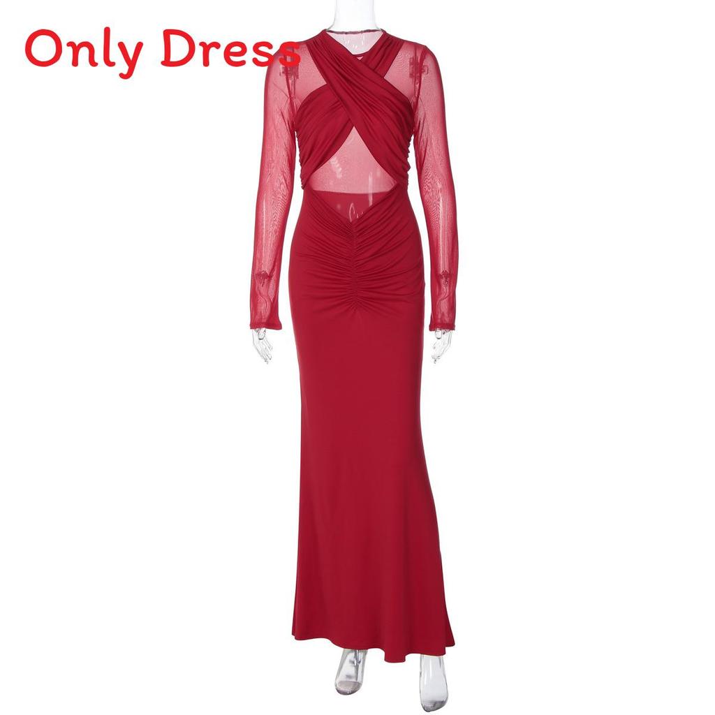 Long Sleeve Solid Color Sheer Mesh Bodycon Dress For Winter Party And Night Out