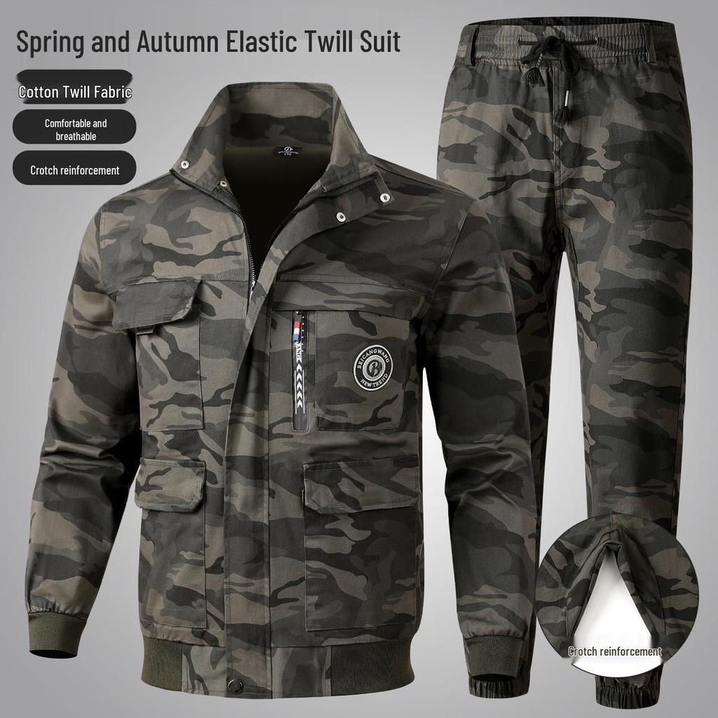 Men's Camouflage Workwear Set: Elastic, Thickened, Anti-Scald, Wear-Resistant Suit for Soldiers, Auto Repair, Electric Welders, and Labor Protection.