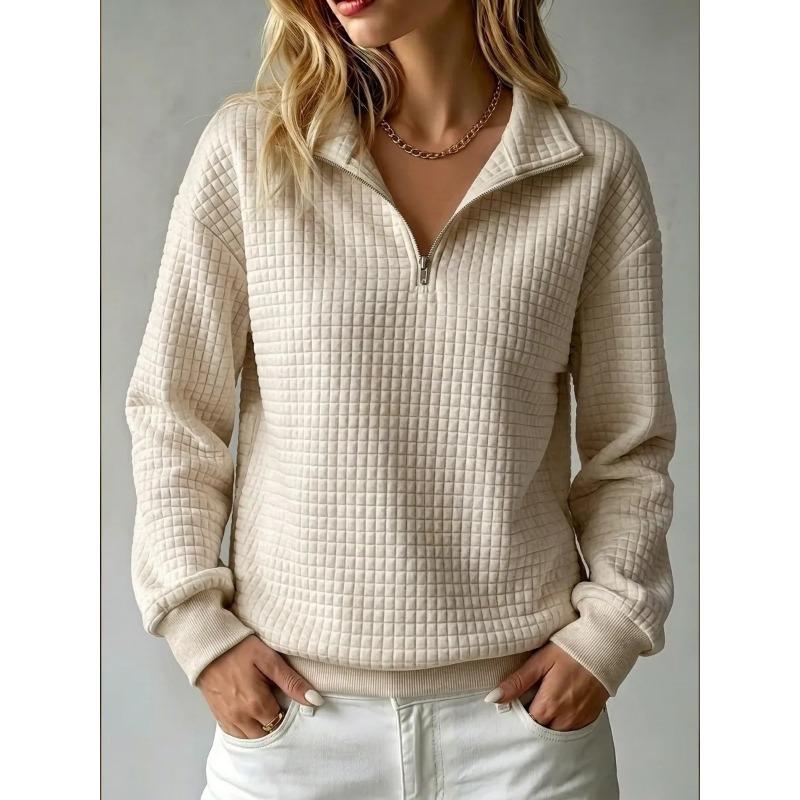 Women S Loose Fit Waffle Solid Color Stand Collar Zip Up Long Sleeve Sweatshirt