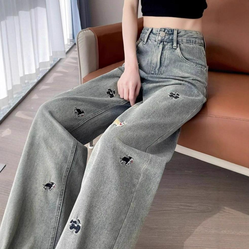 Comfortable Puppy Fun Embroidered Jeans Women Autumn Big Yardage Woman Retro High Waist Skinny Wide-Leg Trousers Jeans for Women Long Denim Pants