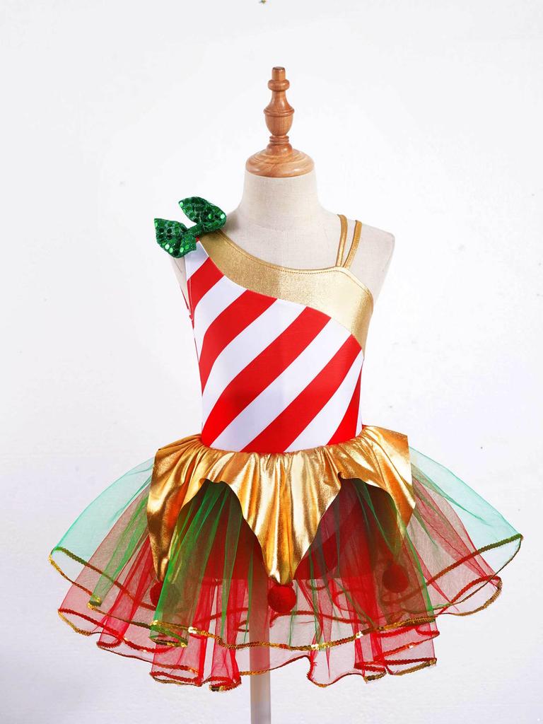 Kids Girls Stylish Dance Clothing Stage Performance Mesh Tutu Dress Christmas Carnival Cosplay