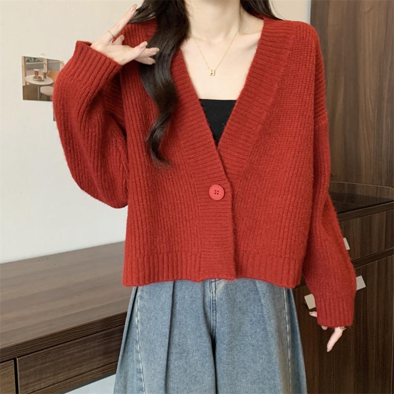 V-neck Fashion Women One Button Cardigan Short Sweater Autumn /Winter Long Sleeve Knitted Jackets Solid Color Elegant Loose Office Basic Casual Coats