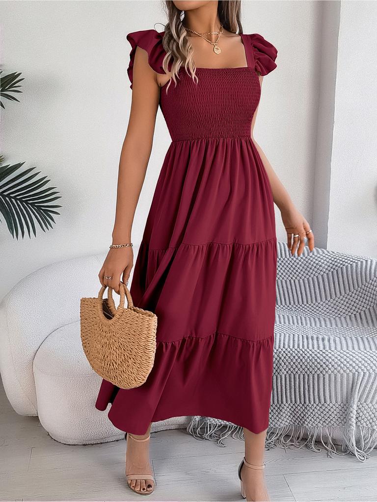 Square Neck Solid Color Dress High Waist Elegant Ruffle Edge Dress for Women Sleeveless Loose Dresses Causal Dress