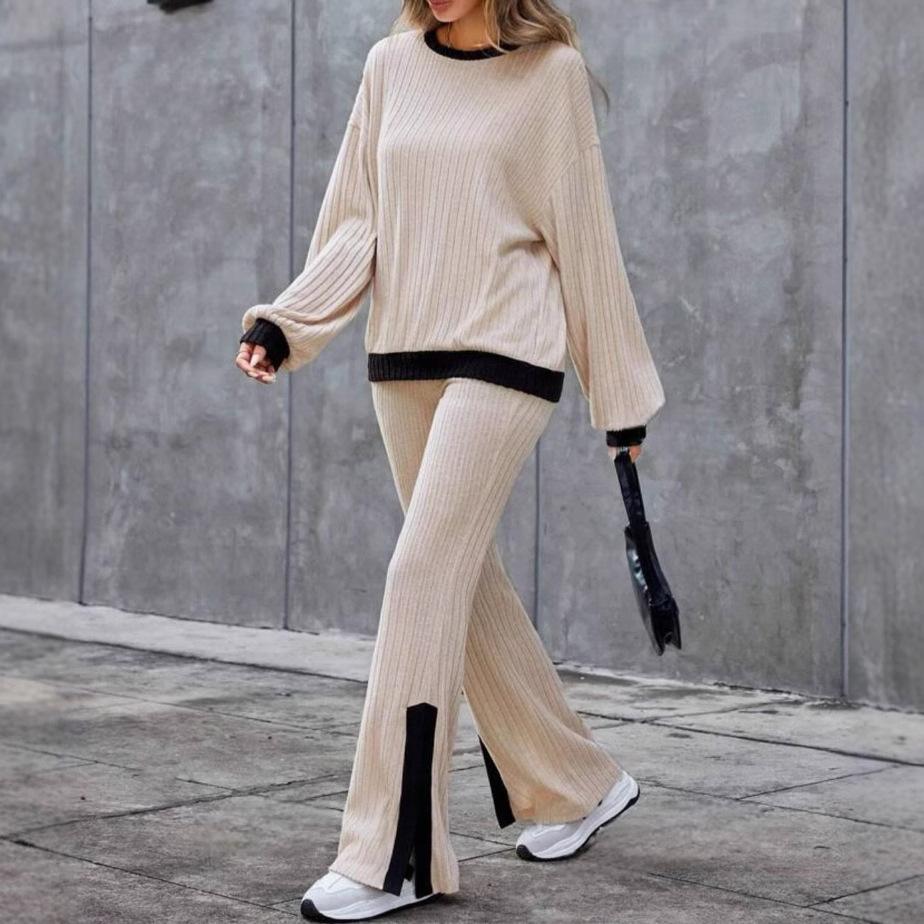 Women's Ribbed Knit Set Long Sleeve Top and Wide Leg Pants with Black Contrast Trim In Beige