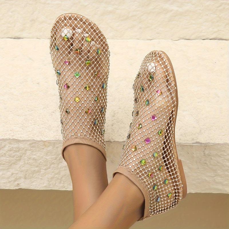 Lightweight Women's Colorful Rhinestone Sandals, Breathable Flat Mesh Glitter Beach Shoes for Water Seaside
