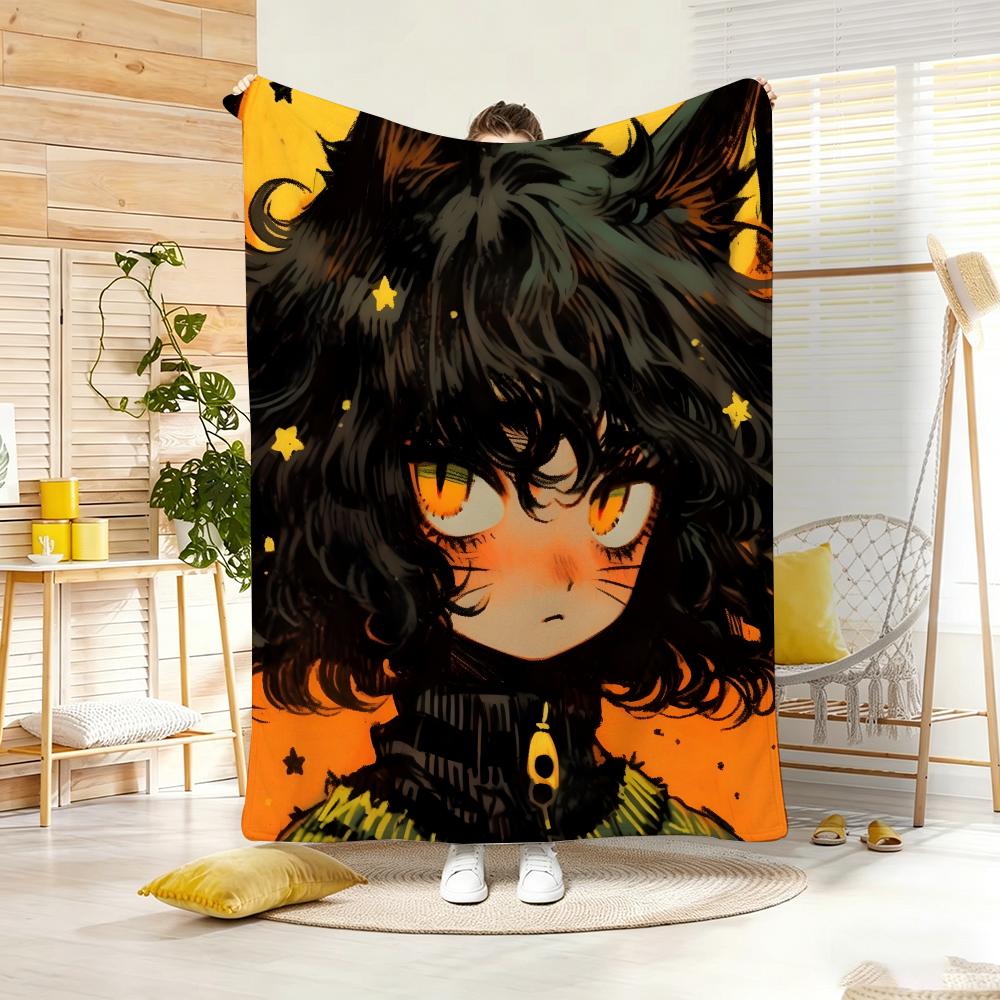 Artwork C-Cat Ear Girl Throw Lightweight 240g Flannel Blanket Soft Skin-friendly for Summer Cooling