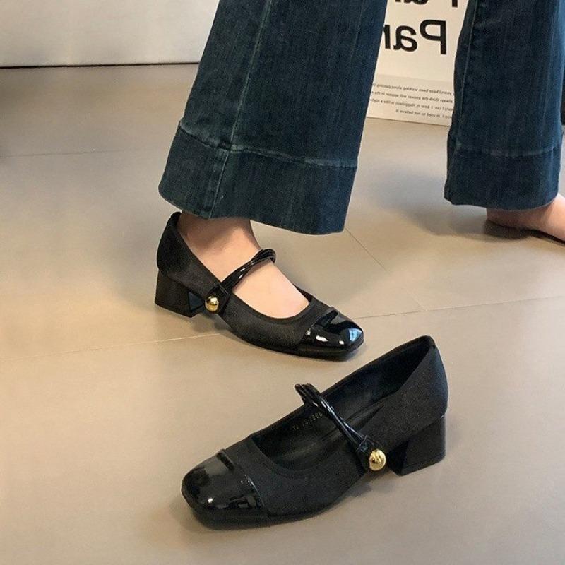 Women's Mixed Color High Heels Buckle Mary Jane Shoes Black Toe High Heels Fashion Patchwork Women Heels