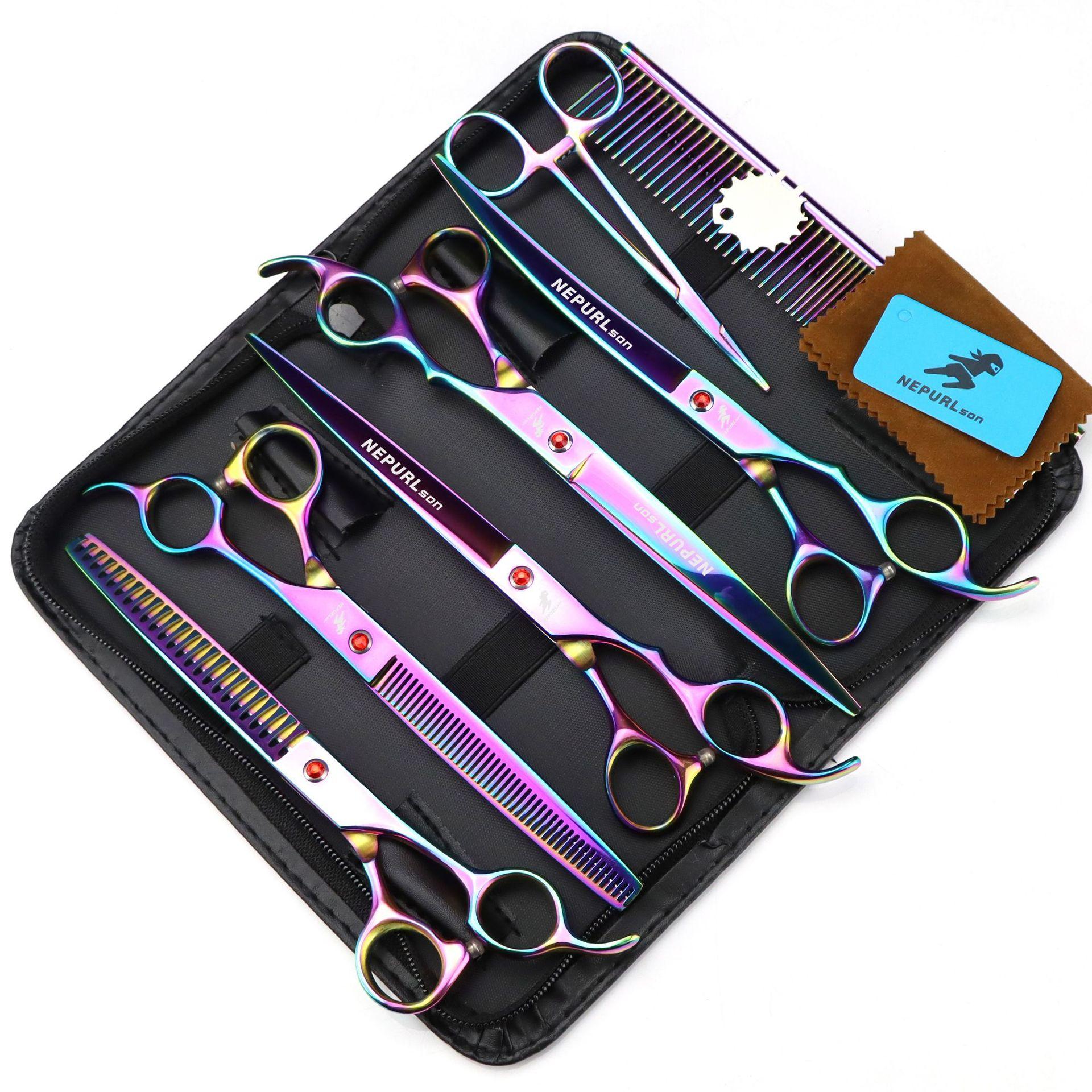 8.0 Inch Nimpson Color 5-Pack, High-End Pet Grooming Scissors, Straight Scissors, Curved Scissors Pet Set 8.0inch colorful set of 5