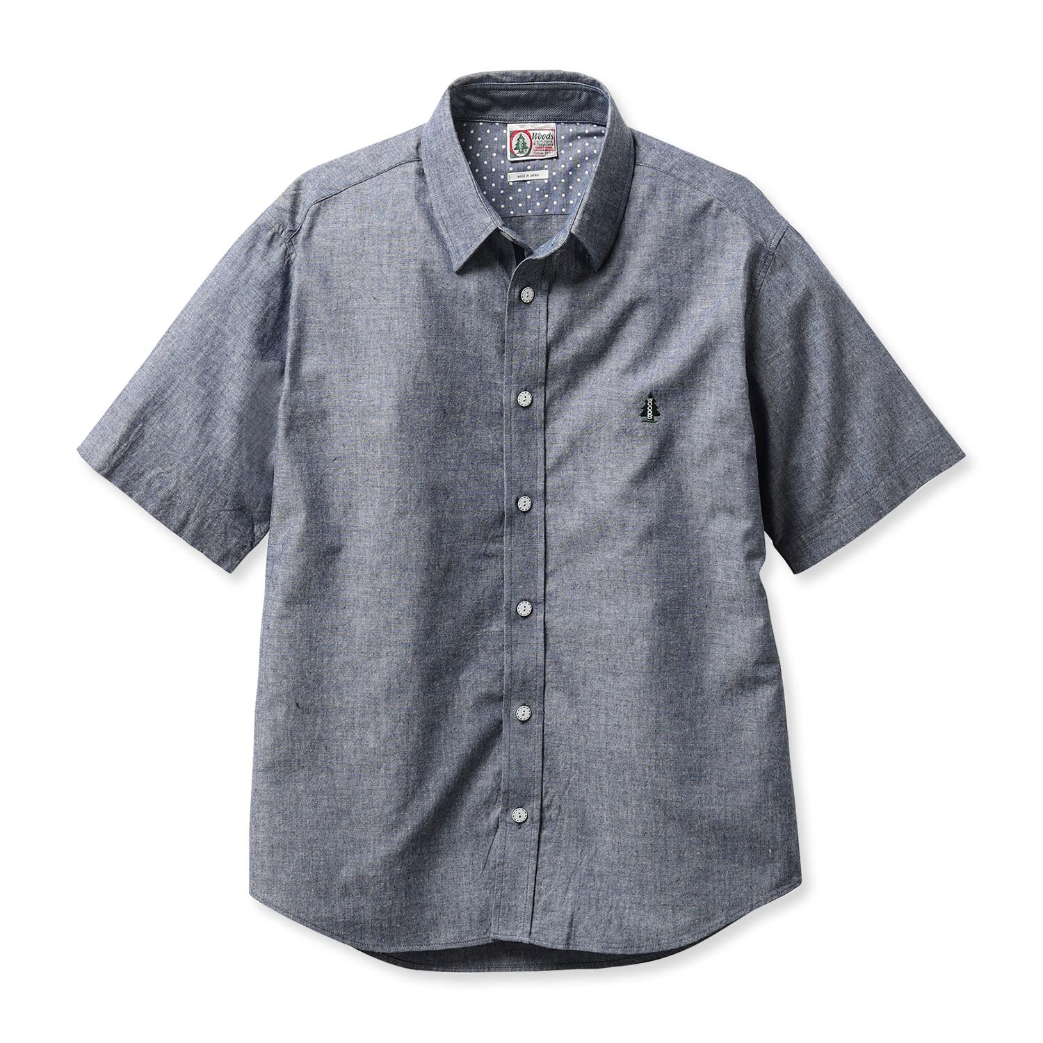 

рубашка из денима для мужчин [WOODS] японского производства с коротким рукавом (L, темно-синий)