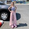 Early Spring Vintage High Waist Pink Saber Cut Relax Wide Leg Denim Pants For Ladies Casual Pants Oversize Denim Trousers