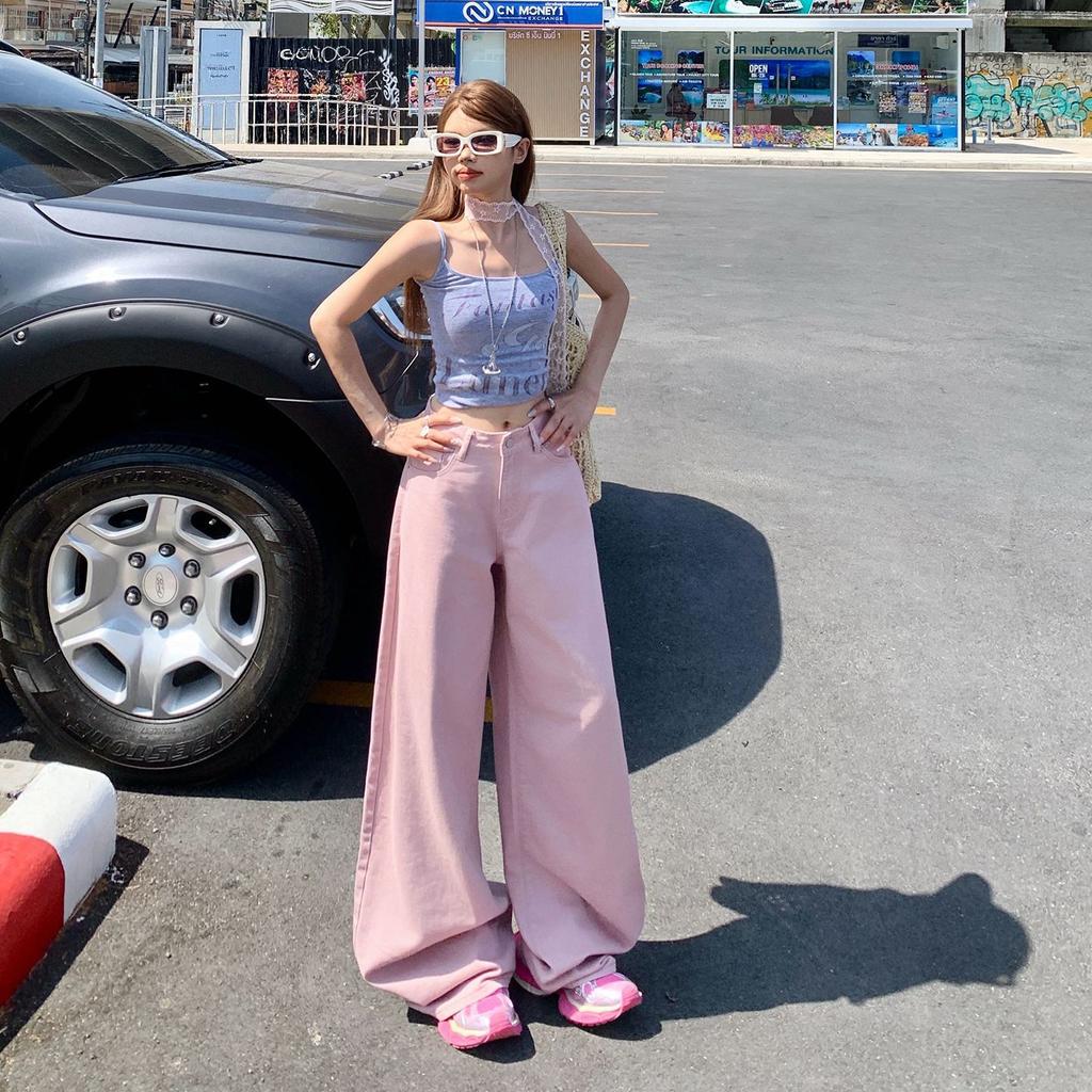 Early Spring Vintage High Waist Pink Saber Cut Relax Wide Leg Denim Pants For Ladies Casual Pants Oversize Denim Trousers