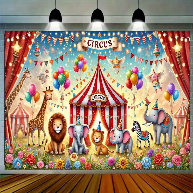 1pc Circus Animal Background - Vibrant Cartoon Circus Theme, Featuring Colorful Balloons, Flowers and Animals