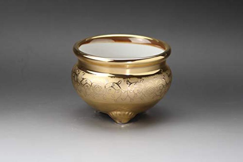 Ceramic Arte Buddhist Altar Accessories, Gold Arabesque Design [3.0-inch Incense Burner, Real Gold Finish, Made In Japan] Diameter 9cm X Height