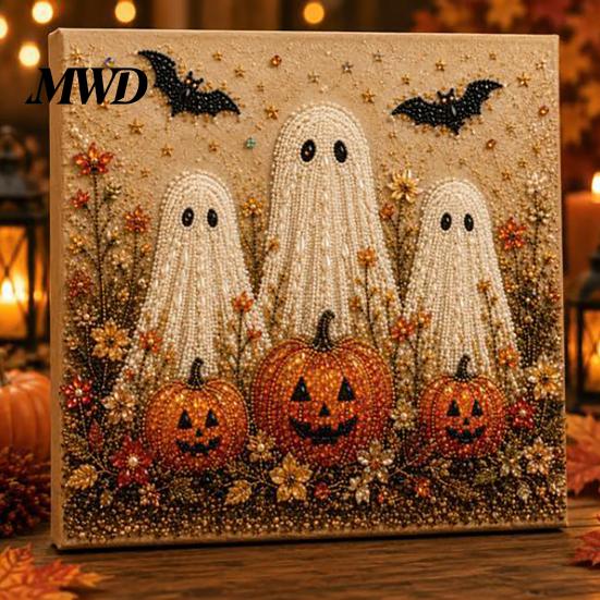 Pre Stretched Canvas Art Halloween Faux Pearl DIY Kit, Spooky Cute 3D Beads Painting Crafts Stress Relief Project for Adults Beginners, Seasonal Wall