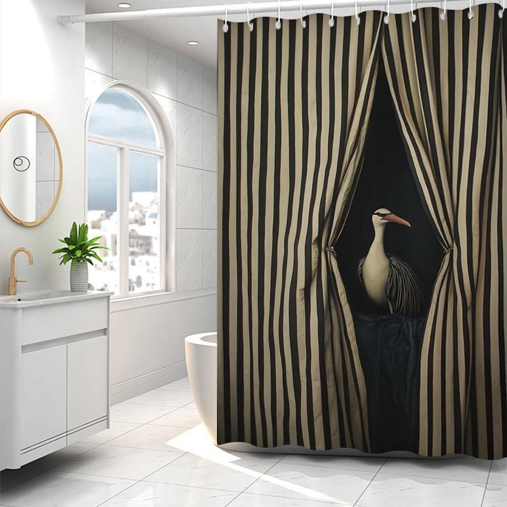 Tenda da Doccia Elegante a Strisce Bianche e Nere con Uccelli Opere d'Arte Divertenti di Animali per Bagno della Cameretta