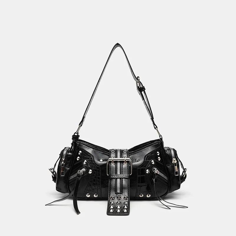 Women's Y2k Punk Vintage Shoulder Purse PU Leather Gothic Rivet Handbag Waist Bag Luxury Black Cross Body Bags with Spikes