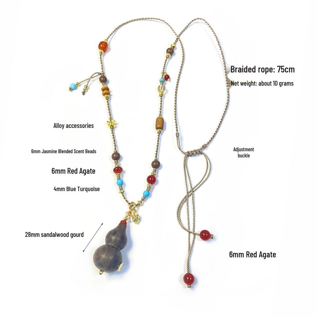 Handmade Sandalwood & Agate Gourd Necklace with Incense Beads