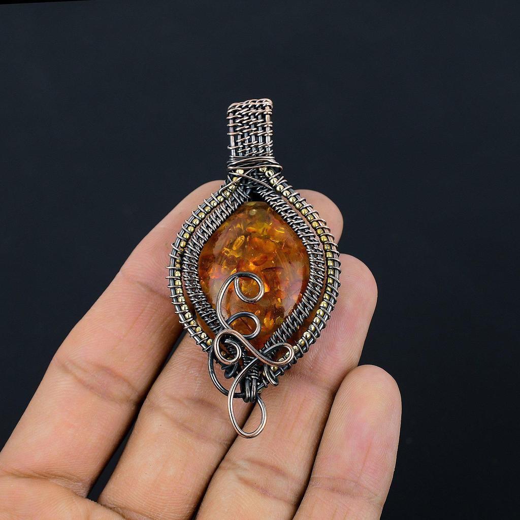 Baltic Amber Pendant, 999 Copper Wire Wrapped Gemstone Jewelry, Handmade Pendant For Mother Day