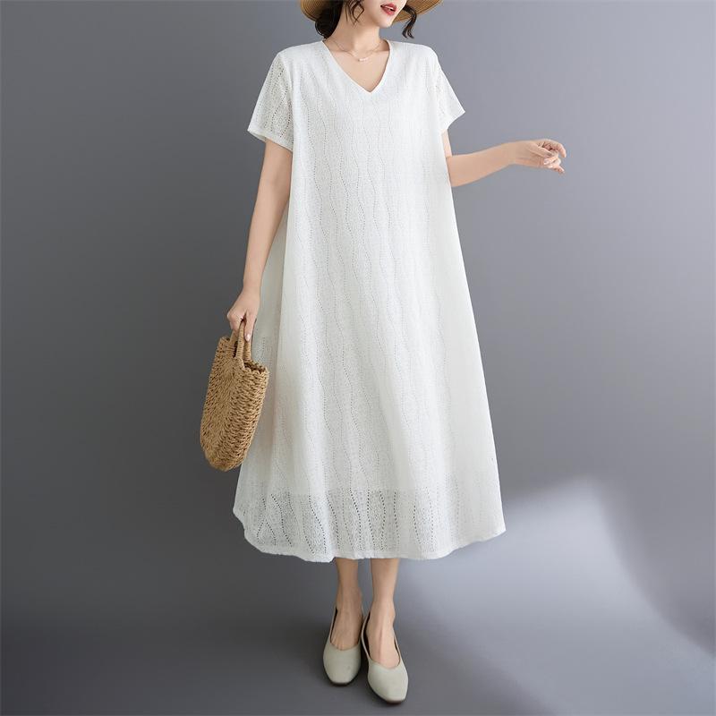 2026 Korean Style V-Neck Plus Size Lace Travel Resort Dress for Women