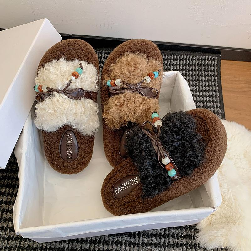 Korejské dámské pantofle s tlustou podrážkou a chlupatým svrškem pro nošení 2025 nové podzimní a zimní bavlněné pantofle s měkkou podrážkou a barevným provedením