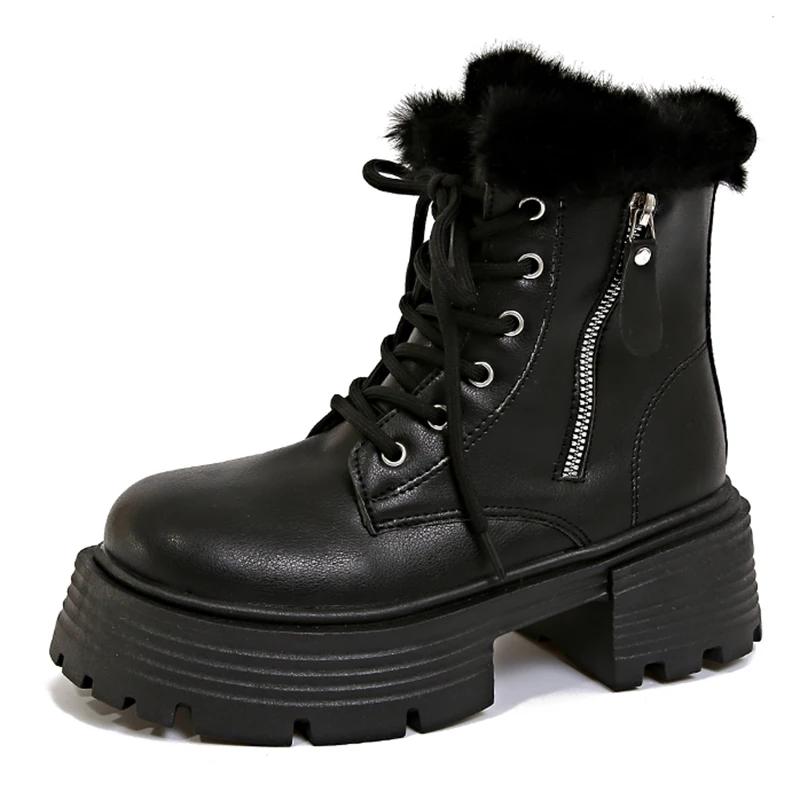 Thick Bottom Motorcycle Winter Boots Women Faux Fur Platform Plush Ankle Boots Woman Outdoor Non-Slip Warm Short Botas Mujer