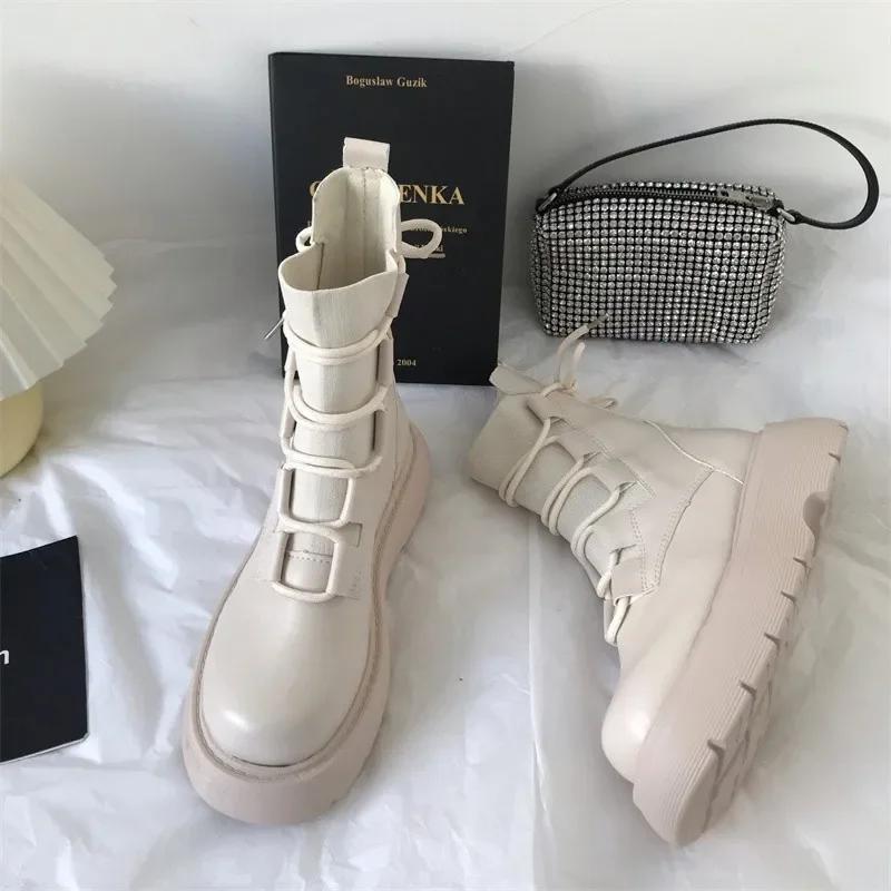 Black Knitted Lace-up Riding Boots Female 2025 Designer's New Spring and Autumn Boots Thick-soled British Wind Locomotive Boots