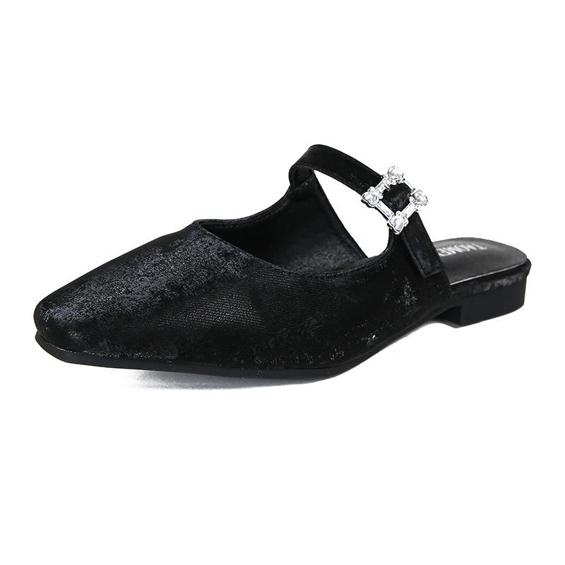 

Fashion designer printing silk slippers women square toe flat heel summer shoes ankle strap crystal buckle mules woman flip flops 35