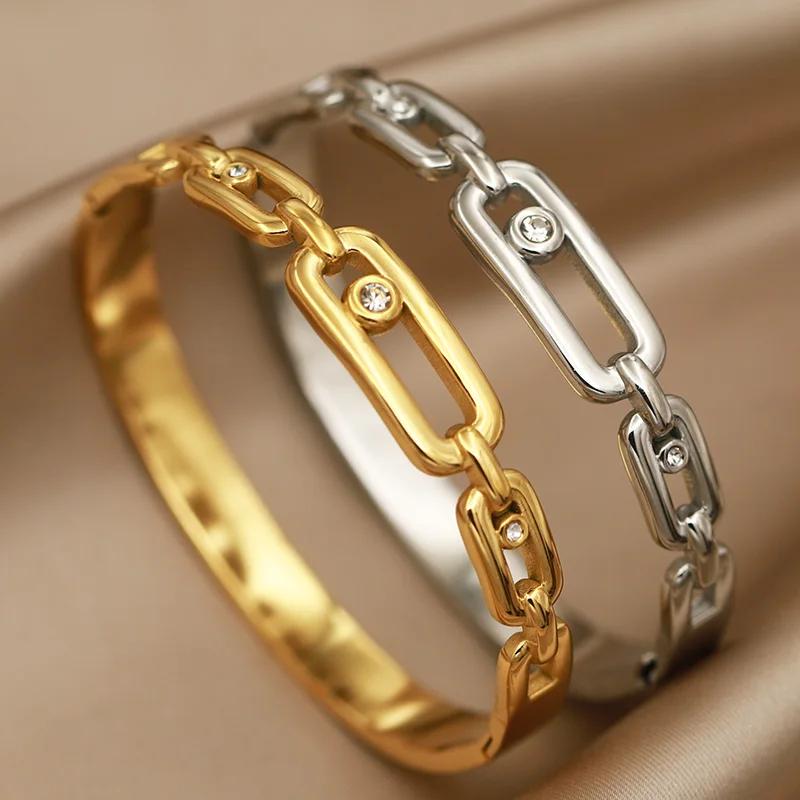 FYSARA Chain-like Design High Quality Titanium Steel Bangle for Women Cubic Zircon Engagement Zircon Stainless Steel Bracelet