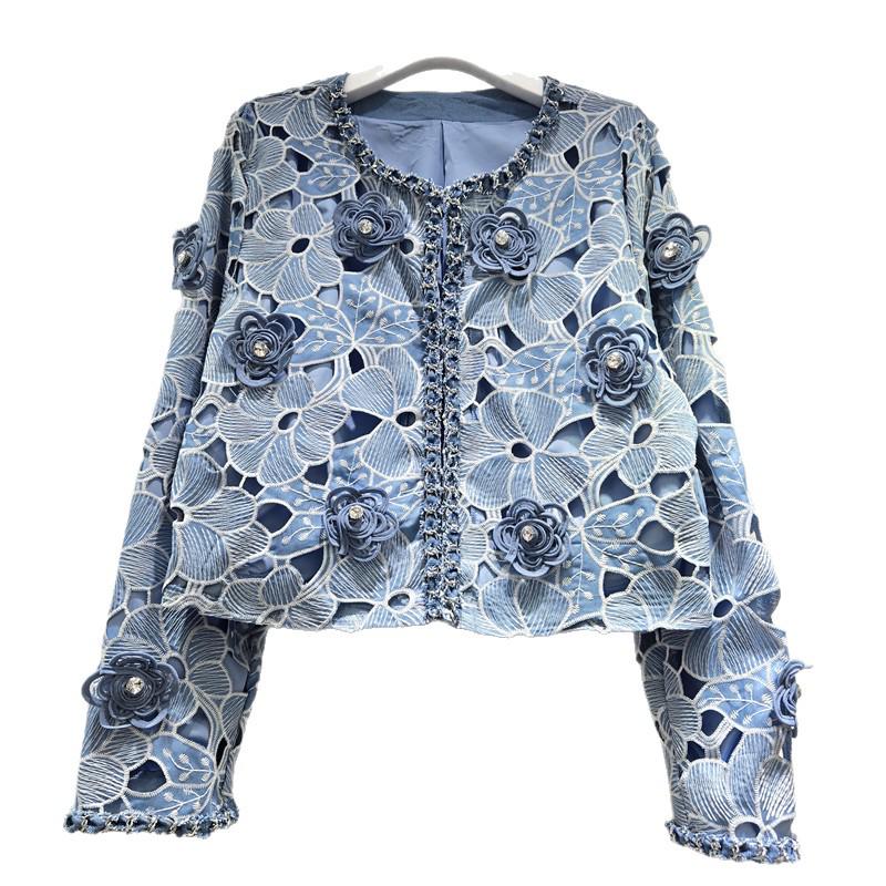 Elegant 3D Floral Embroidery Short Denim Jacket for Women - New 2026 Spring Collection
