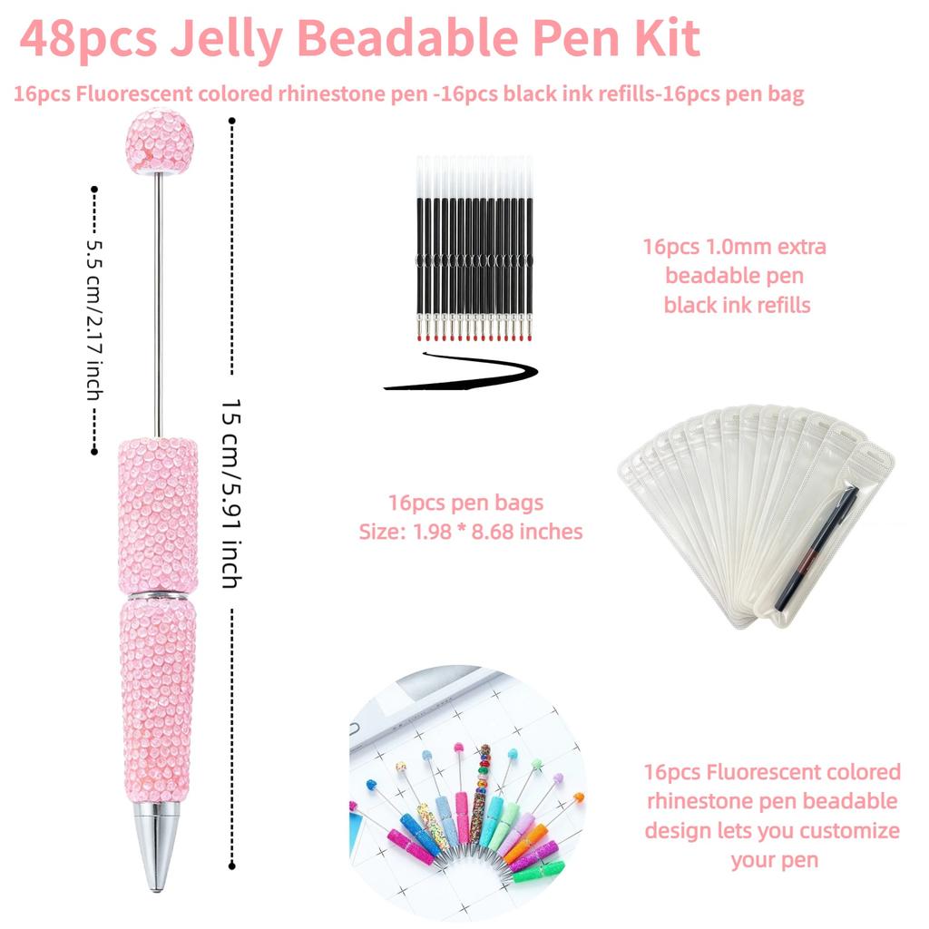 48Pcs Jelly Beadable Pen Kit 16 Fluorescent Pens with Refills Bags DIY Craft