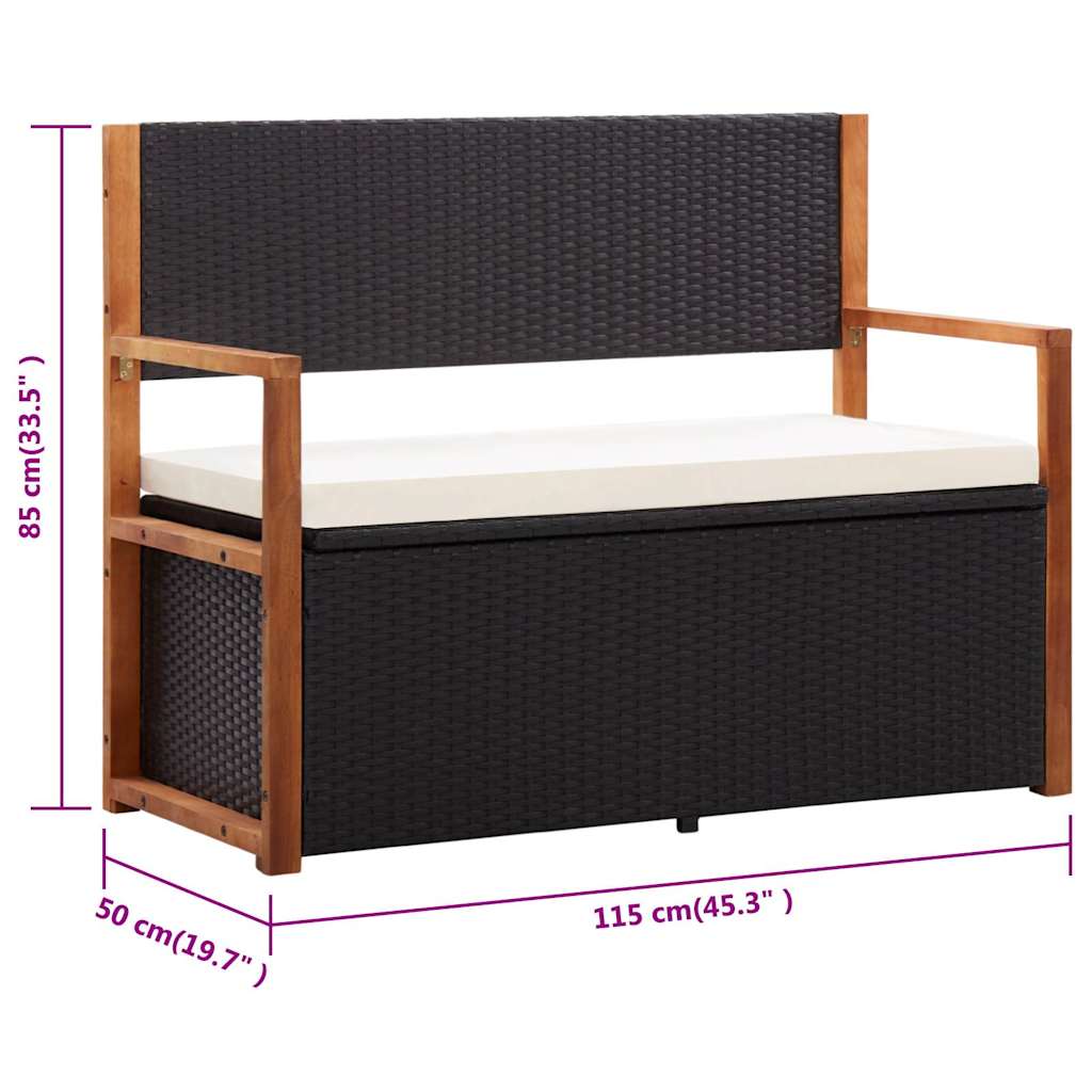 Storage Bench 115 cm Poly Rattan Solid Acacia Wood Black