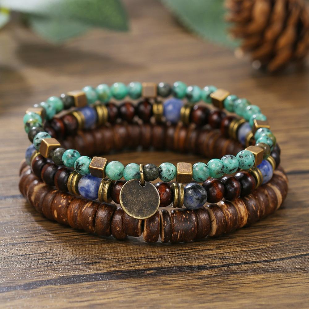 Multi-layer Stacked Bracelet Set, Retro Men's African Turquoise Wood Bead Bracelet.